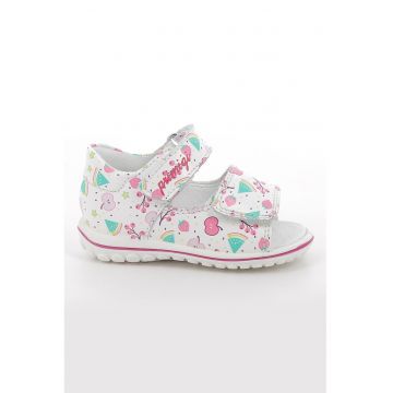 Sandale din piele cu model si inchidere velcro - Alb/Turcoaz/Roz