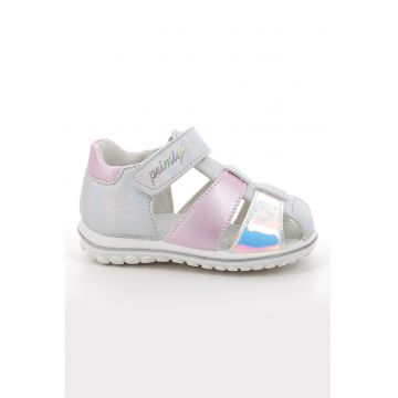 Sandale din piele ecologica cu inchidere velcro si segmente holografice - Lila/Argintiu