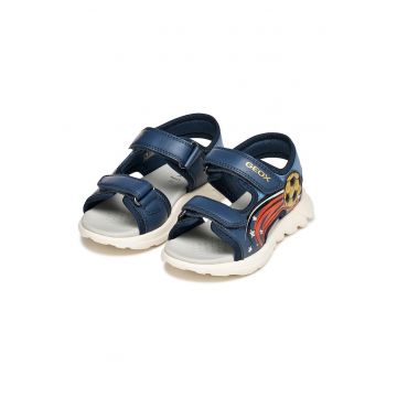 Sandale din piele ecologica cu velcro - Auriu/Rosu corai/Bleumarin