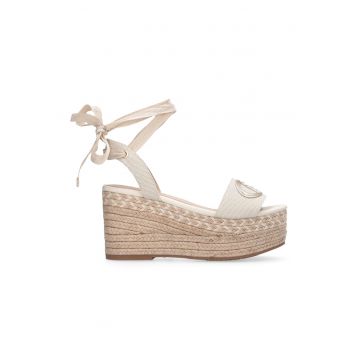 Sandale-espadrile din material textil cu inchidere cu funda din panglici - Bej deschis