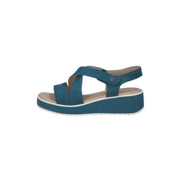 Sandale wedge de piele cu velcro - Albastru petrol