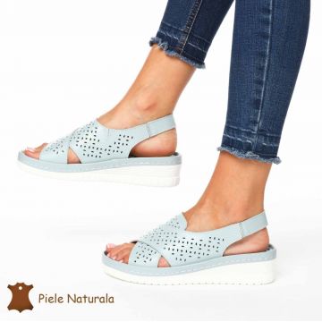 Sandale dama din Piele Naturala cu talpa inalta CRL0205 ALBASTRU