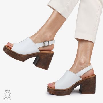 Sandale DAMA DIN PIELE NATURALA CU TOC GROS CRL1409 ALB