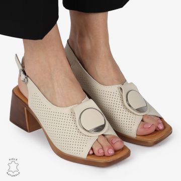 SANDALE dama din Piele Naturala PERFORATA CU TOC PATRAT SI CATARAMA CRL1370 BEJ