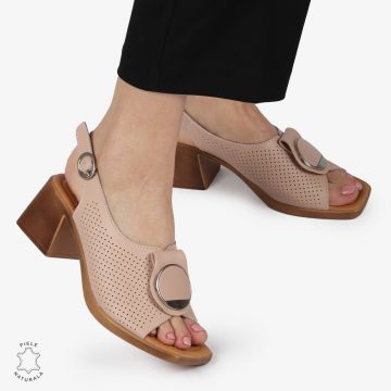 SANDALE dama din Piele Naturala PERFORATA CU TOC PATRAT SI CATARAMA CRL1370 ROZ