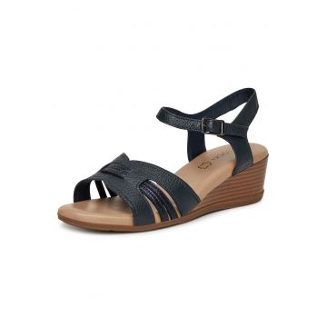 Sandale dama -  piele naturala - bleumarin - cu catarama - platforma