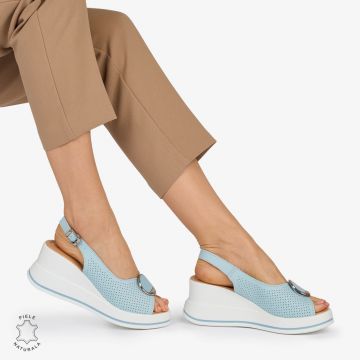 SANDALE Dama Piele Naturala CU TALPA INALTA SI ACCESORIU METALIC CRL1047 Culoare: ALBASTRU