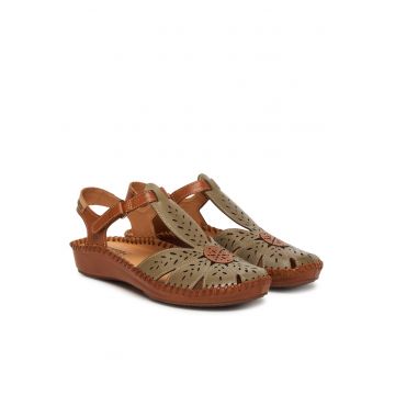 Sandale dama  piele naturala - verde/maro - sistem inchidere Velcro