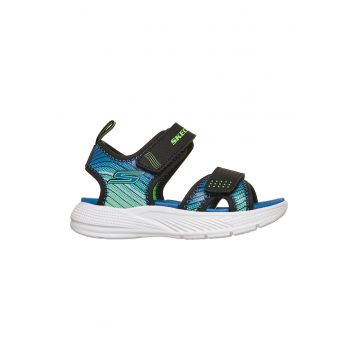 Sandale Microspec-Splash de piele ecologica cu velcro - Negru stins/Verde menta