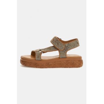 Sandale cu strasuri - inchidere velcro si model monograma - Maro/Bej