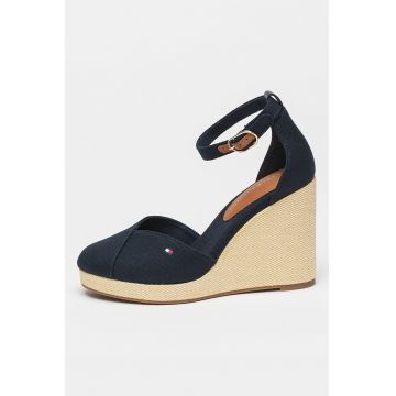 Sandale cu talpa wedge si detaliu cu logo Sall - Albastru indigo/Crem