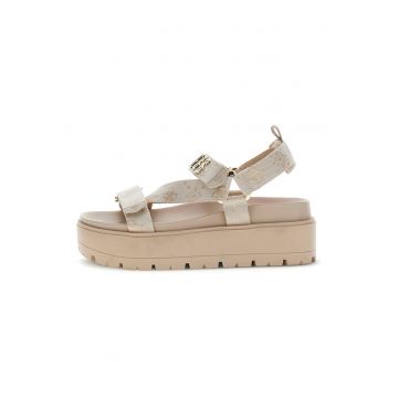 Sandale cu talpa wedge si logo - Bej deschis