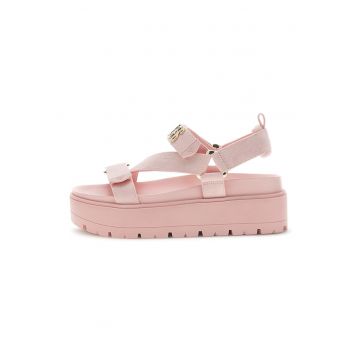 Sandale cu talpa wedge si logo - Roz