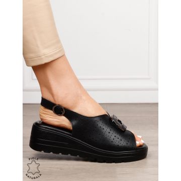 Sandale damă din piele naturală cu detaliu tip cataramă frontală CRL1659 NEGRU