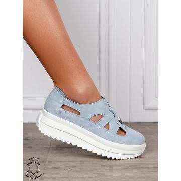 Sandale dama din Piele Naturala Intoarsa cu talpa inalta CRL1558 ALBASTRU