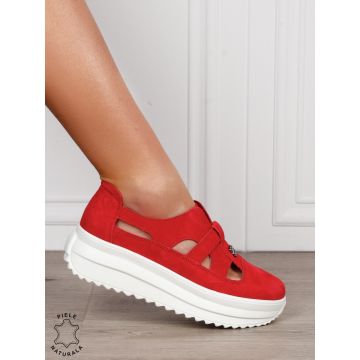 Sandale dama din Piele Naturala Intoarsa cu talpa inalta CRL1558 ROSU