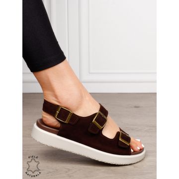 Sandale dama din Piele Naturala intoarsa cu talpa plata CRL1561 CAFENIU