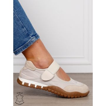 Sandale damă din piele naturală întoarsă și material textil, cu branț din piele naturală CRL1562 BEJ