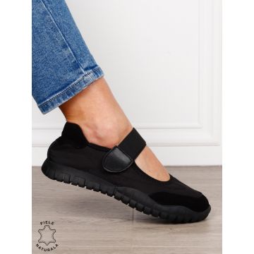 Sandale damă din piele naturală întoarsă și material textil, cu branț din piele naturală CRL1562 NEGRU