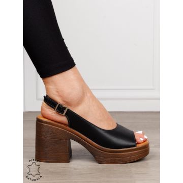 Sandale dama din Piele Naturala model clasic cu toc gros si inalt CRL1641 NEGRU