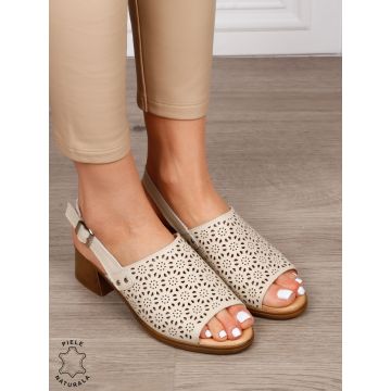 Sandale damă din piele naturală model elegant cu toc și design perforat CRL1660 BEJ