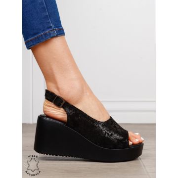Sandale damă din piele naturală talpa tip platorma cu cataramă CRL1644 ALL BLACK