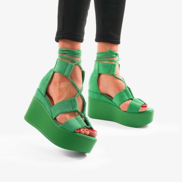 SANDALE DIN PIELE ECOLOGICA INTOARSA CU PLATFORMA SI SIRET CRL0739 Verde