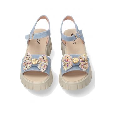 Sandale din piele intoarsademi-wedge cu fundita