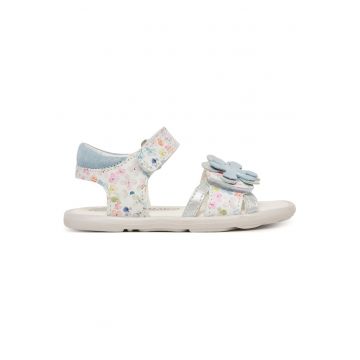 Sandale fete  piele naturala - alb cu flori multicolore