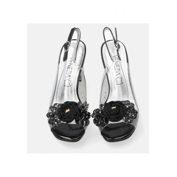 Sandale trasparente cu toc masiv si ornament decorativ