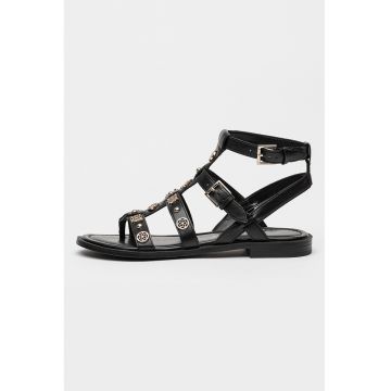Sandale cu talpa plata si aplicatii decorative - Negru