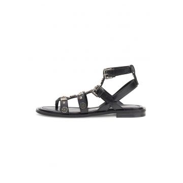 Sandale cu talpa plata si aplicatii decorative - Negru