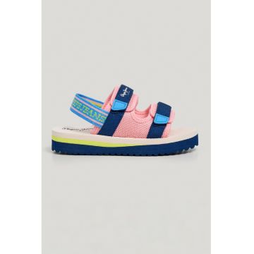 Sandale cu velcro si bareta elastica - Roz pastel/Albastru royal/Bleumarin/Verde fistic