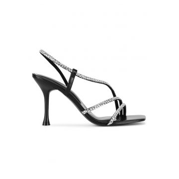 Sandale dama -  negru/argintiu - stiletto - material textil