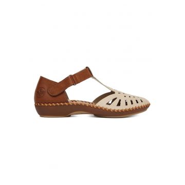 Sandale dama -  piele ecologica - maro/bej - sistem inchidere velcro