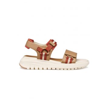 Sandale dama  piele ecologica - maro/rosu - sistem inchidere Velcro