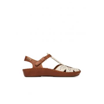 Sandale dama -  piele naturala - alb/maro - sistem inchidere Velcro