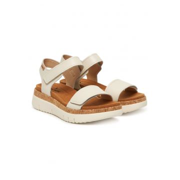 Sandale dama -  piele naturala - alb/maro - velcro