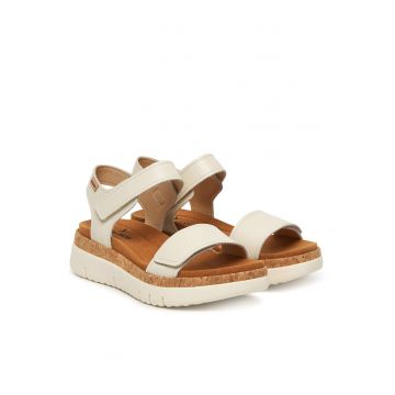 Sandale dama -  piele naturala - alb/maro - velcro
