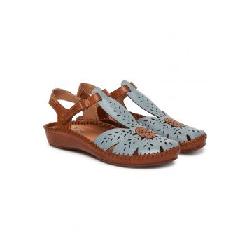 Sandale dama -  piele naturala - albastru/maro - sistem inchidere Velcro