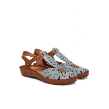 Sandale dama -  piele naturala - albastru/maro - sistem inchidere Velcro