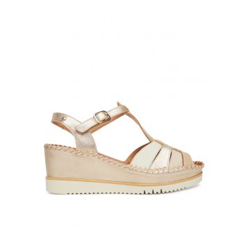 Sandale dama -  piele naturala - auriu/bej - sistem inchidere Velcro