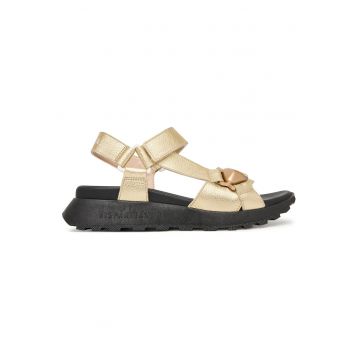 Sandale dama -  piele naturala - auriu/negru - sistem inchidere Velcro