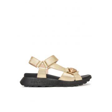 Sandale dama -  piele naturala - auriu/negru - sistem inchidere Velcro