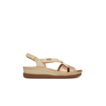 Sandale dama -  piele naturala - bej/auriu - sistem inchidere Velcro