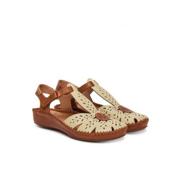 Sandale dama  piele naturala - bej/maro - sistem inchidere Velcro