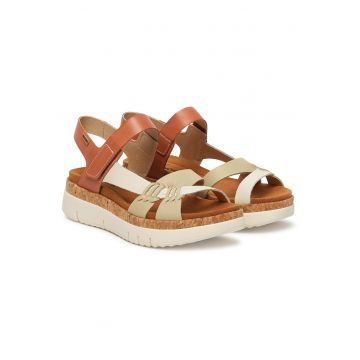 Sandale dama -  piele naturala - bej/maro - sistem inchidere Velcro