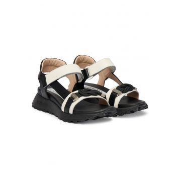 Sandale dama -  piele naturala - bej/negru - sistem inchidere Velcro