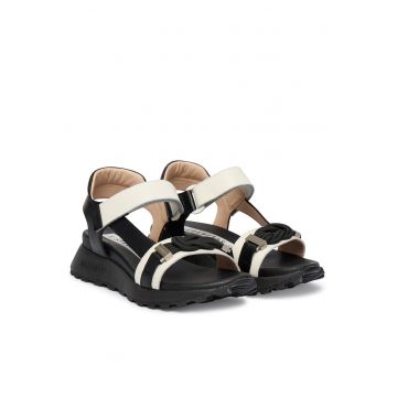 Sandale dama -  piele naturala - bej/negru - sistem inchidere Velcro