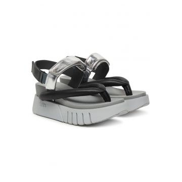 Sandale dama -  piele naturala - gri/negru - sistem inchidere Velcro